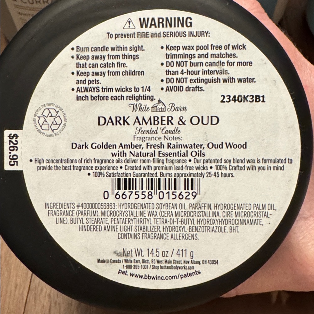 BBW / White Barn New 3-Wick Candle, Dark Oud & Amber - Discontinued - Picture 3 of 5